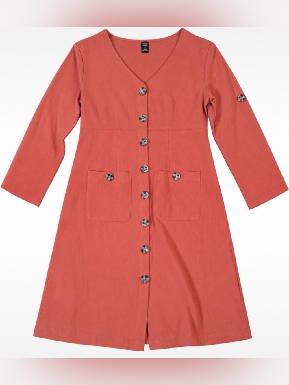 Rust Button-Front Long Sleeve Dress with Pockets – Size Small